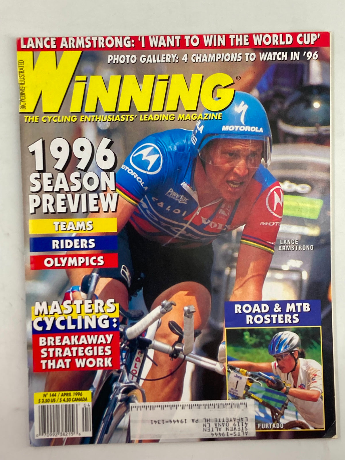 Cover of Winning Bicycle Racing Illustrated April 1996 No. 144 featuring Lance Armstrong, showcasing the 1996 season preview and highlights of competitive cycling.
