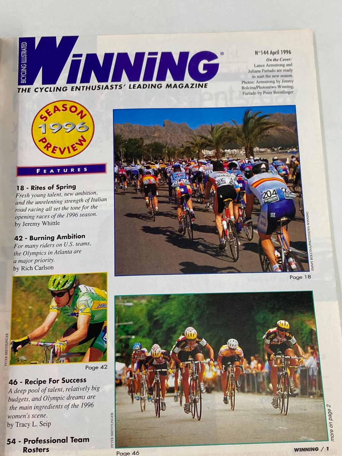 Inside page of Winning Bicycle Racing Illustrated April 1996 No. 144, detailing articles about the cycling season, featuring images of cyclists and previews of races.