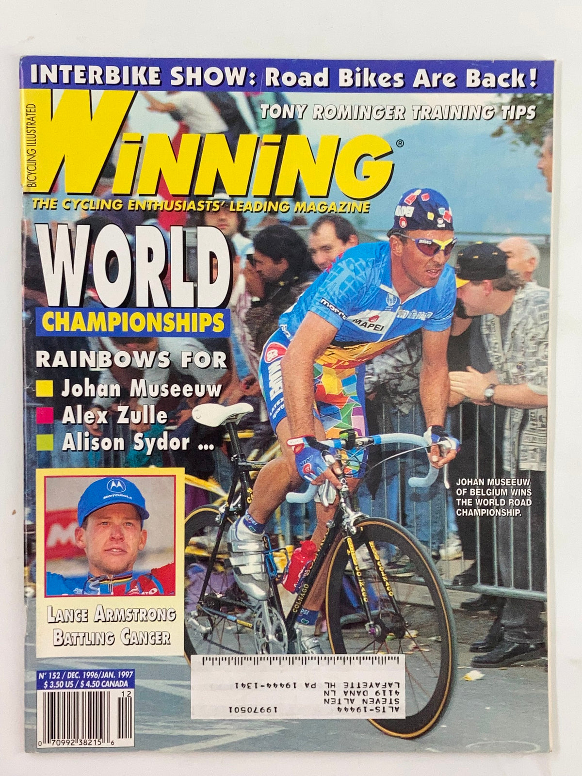 Cover of Winning Bicycle Racing Illustrated December 1996 No. 152 featuring Johan Museeuw, showcasing the World Championships, with a colorful cycling theme and sponsorship highlights.