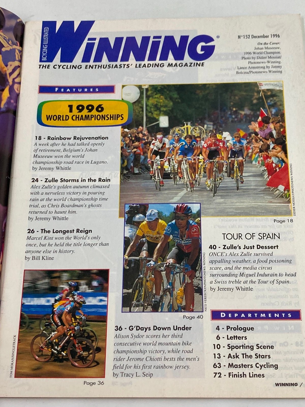 Interior page of Winning Bicycle Racing Illustrated December 1996 No. 152 displaying features on the 1996 World Championships, including articles about Johan Museeuw and Alex Zulle, along with cycling action shots.