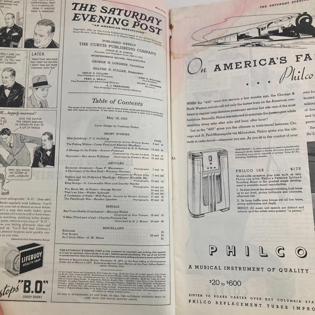 Inside view of The Saturday Evening Post Magazine May 18 1935, featuring table of contents and advertisements from the 1930s, showcasing vintage American culture.