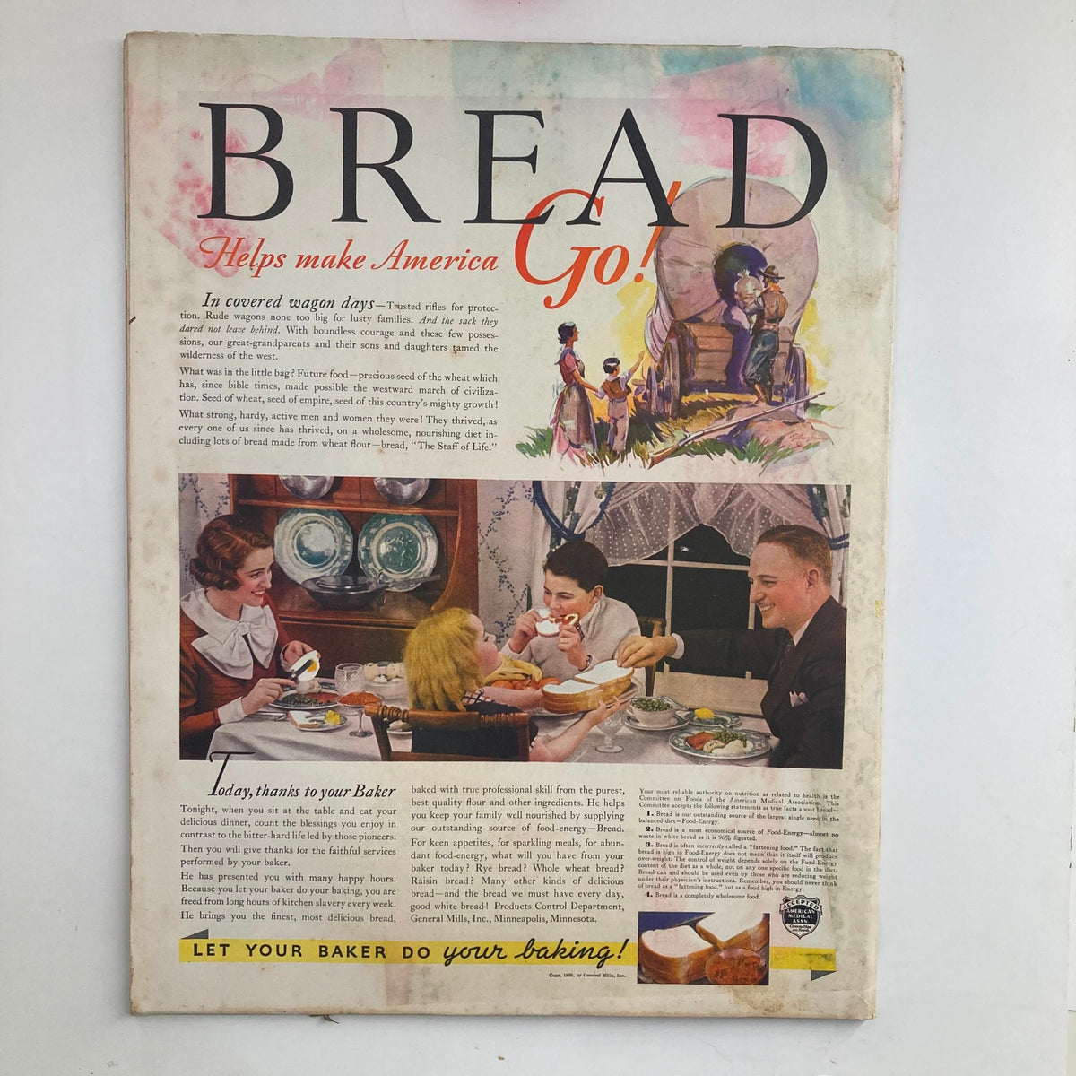 Back cover of The Saturday Evening Post Magazine May 18 1935, showcasing an advertisement for bread with a nostalgic family dinner scene, representing 1930s Americana.