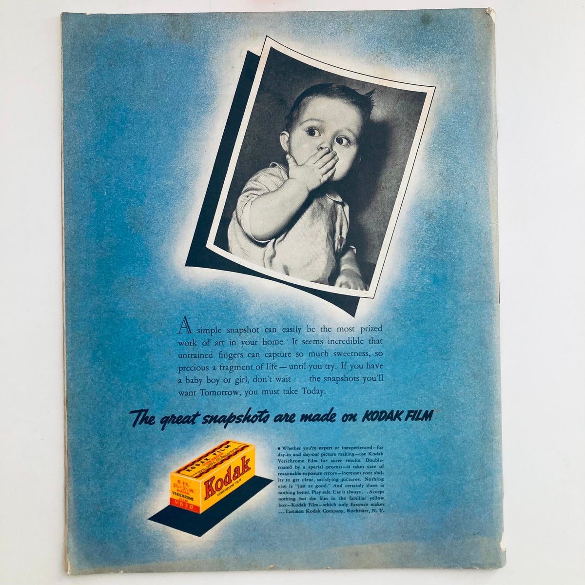 Back cover of The Saturday Evening Post Magazine from March 5, 1938, featuring an advertisement for Kodak film with a nostalgic image of a child.