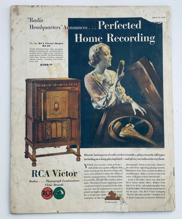 Advertisment page from The Saturday Evening Post Magazine, April 23, 1932 showcasing RCA Victor Model RF 26 home recording equipment. The page features an illustration of a woman with the phonograph and detailed text promoting recording capabilities.