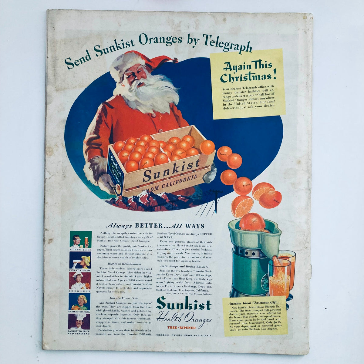 The Saturday Evening Post Magazine December 11 1937 back cover advertisement for Sunkist Oranges, featuring a Santa Claus illustration, promoting festive gifts and holiday cheer.
