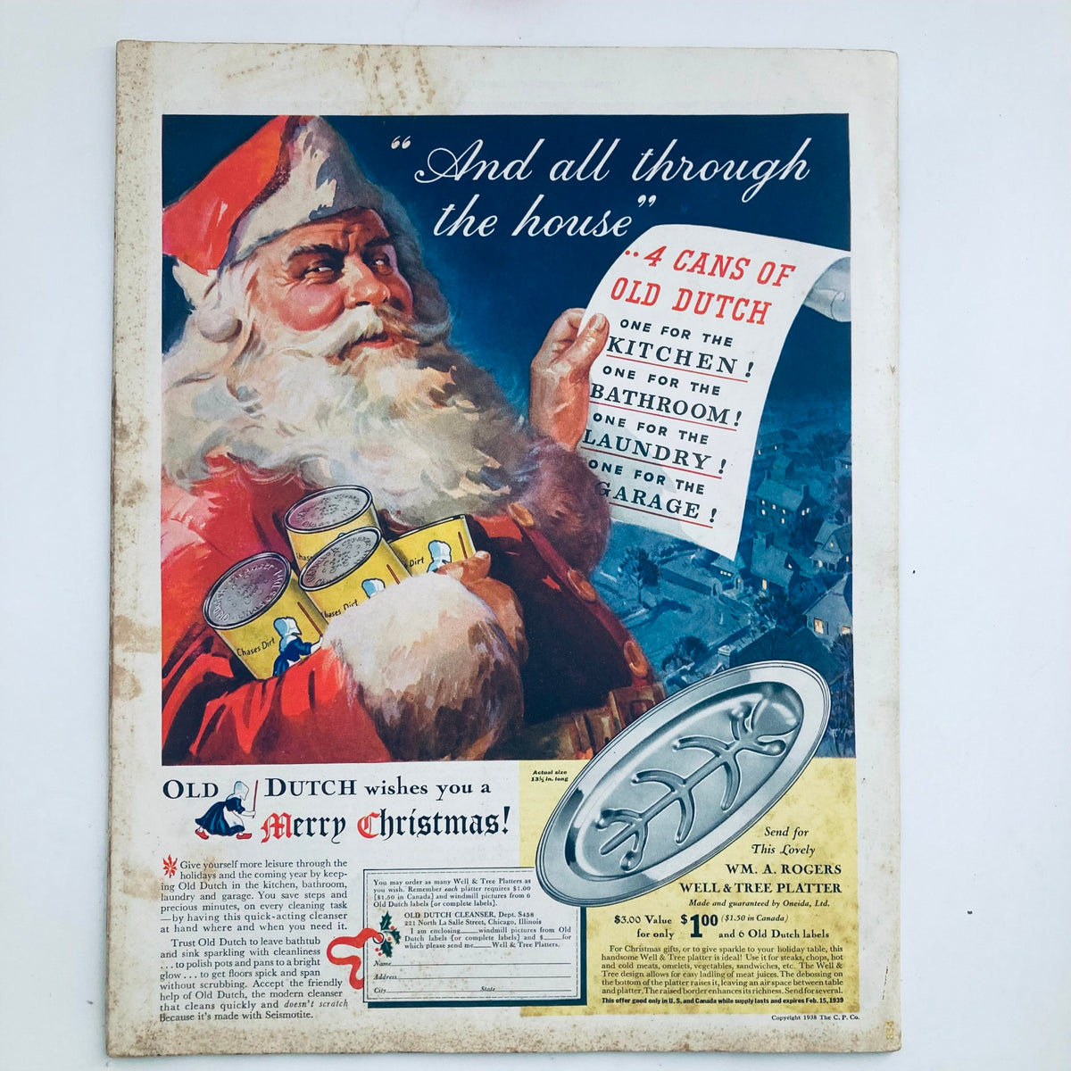 Vintage advertisement featuring Santa Claus with cans of Old Dutch cleaning products from The Saturday Evening Post Magazine December 3 1938.
