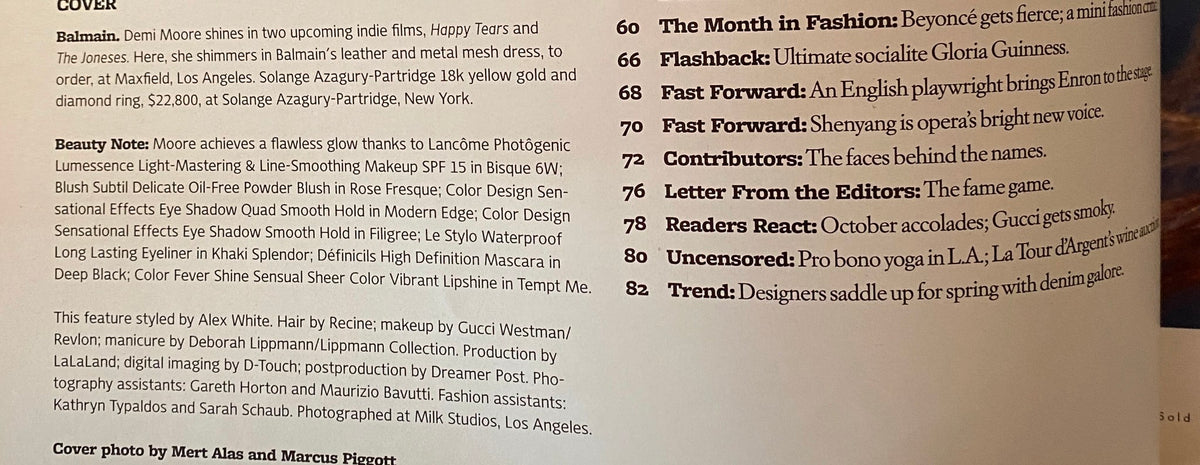 Interior page of W Magazine December 2009 highlighting key features including fashion insights and articles about celebrity culture.