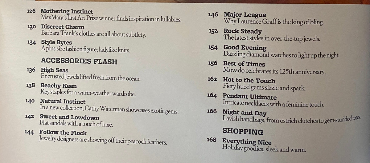 Interior page from W Magazine December 2006, listing articles including 'Mothering Instinct' and 'Discreet Charm,' reflecting the magazine's exploration of contemporary culture and fashion.