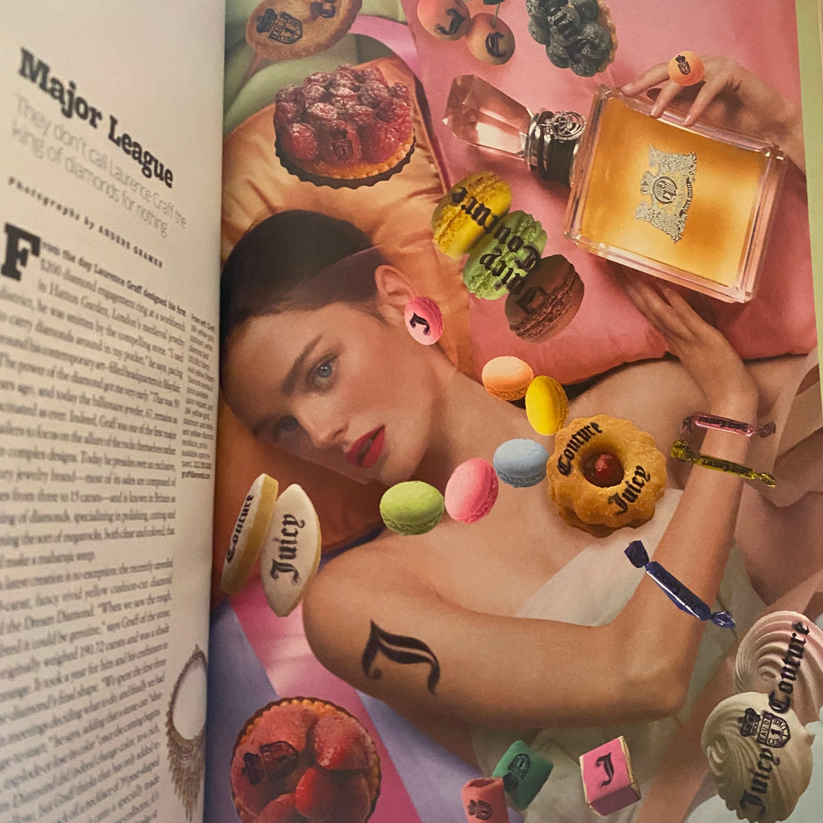 Another interior page from W Magazine December 2006 featuring a high-fashion layout with vibrant colors, showcasing luxury items and beauty products, highlighting the magazine's editorial style.