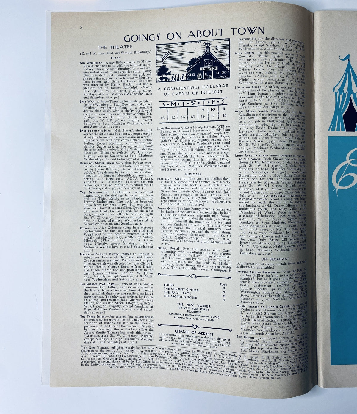 Interior page of The New Yorker magazine July 11, 1964, showcasing the 'Goings On About Town' section with events and calendar details.