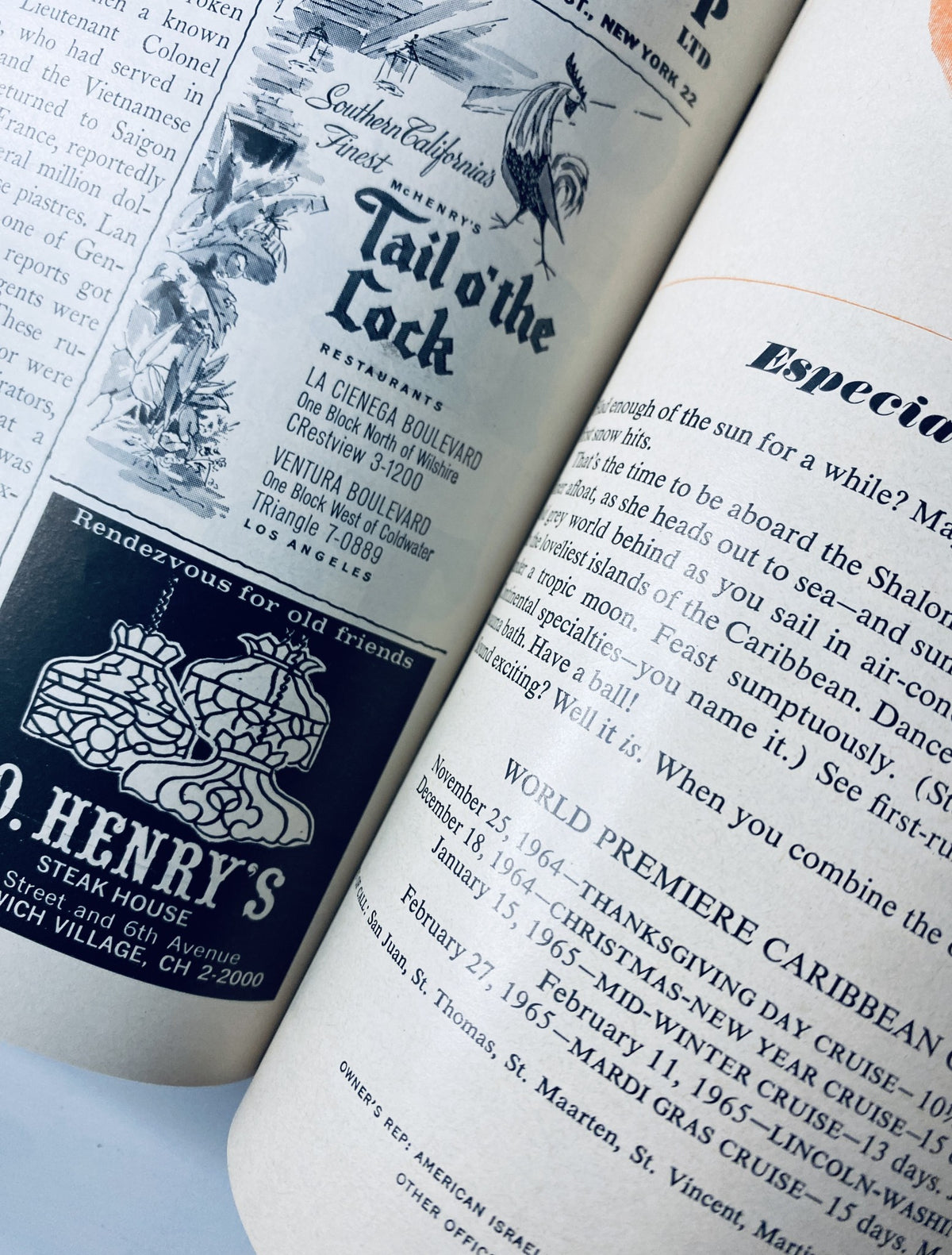 Close-up of an advertisement page from The New Yorker magazine July 11, 1964, featuring a restaurant ad for 'Tail o' the Lock'.
