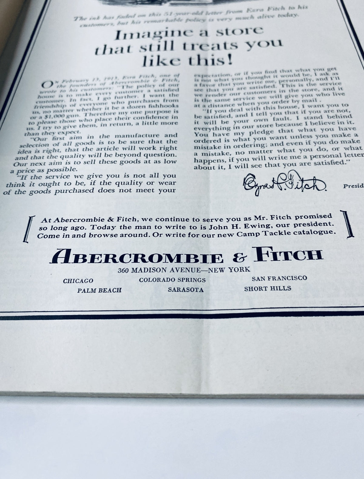Advertisement from Abercrombie & Fitch in The New Yorker Magazine February 22, 1964, showcasing their commitment to customer satisfaction.