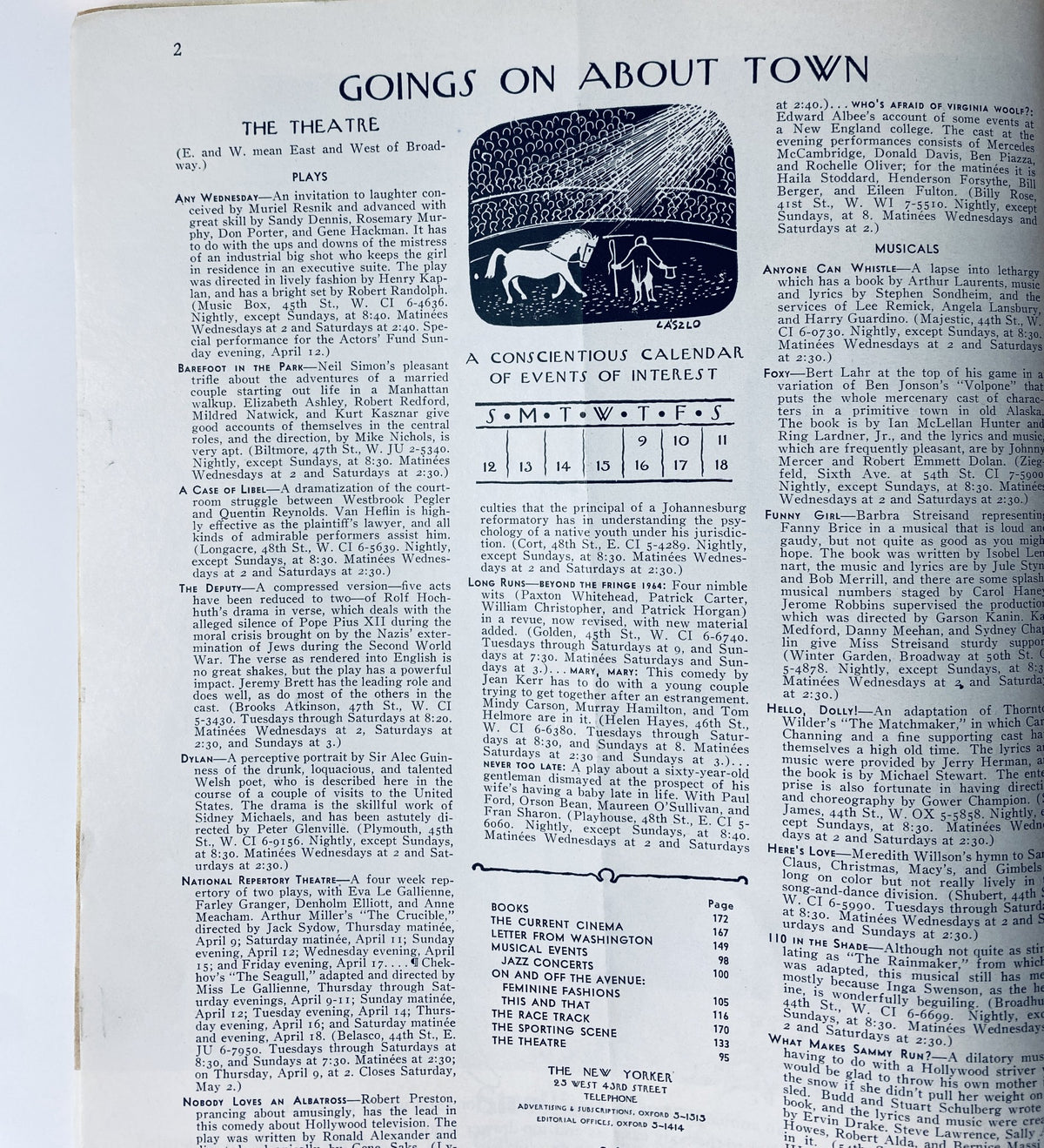 Inside page of The New Yorker Magazine April 11, 1964, showcasing the 'Goings On About Town' section with a calendar of events and cultural highlights, emphasizing the magazine's rich content.