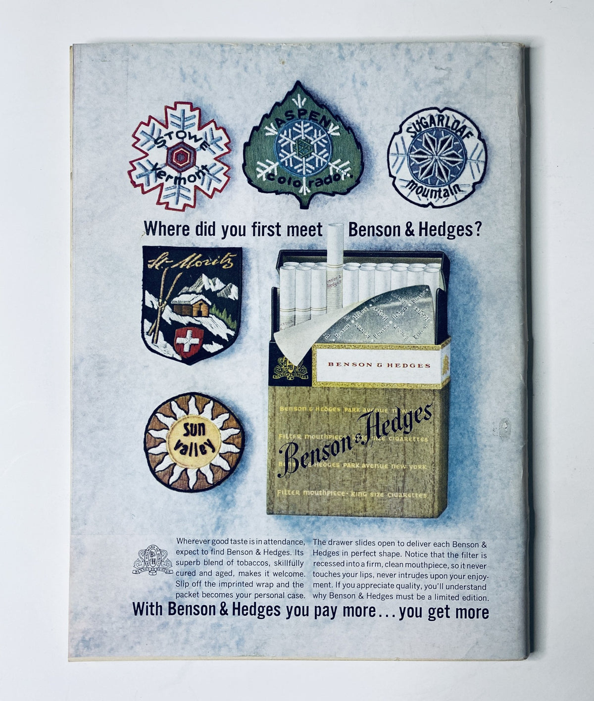 Back cover of The New Yorker Magazine March 21, 1964 featuring an advertisement for Benson & Hedges cigarettes, adorned with various brand patches.