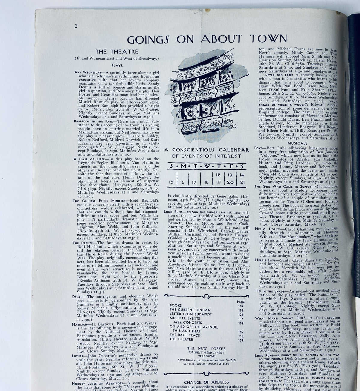 Inside view of The New Yorker Magazine March 14, 1964 showing the 'Goings On About Town' section, focused on various theatre events with a concise calendar layout.