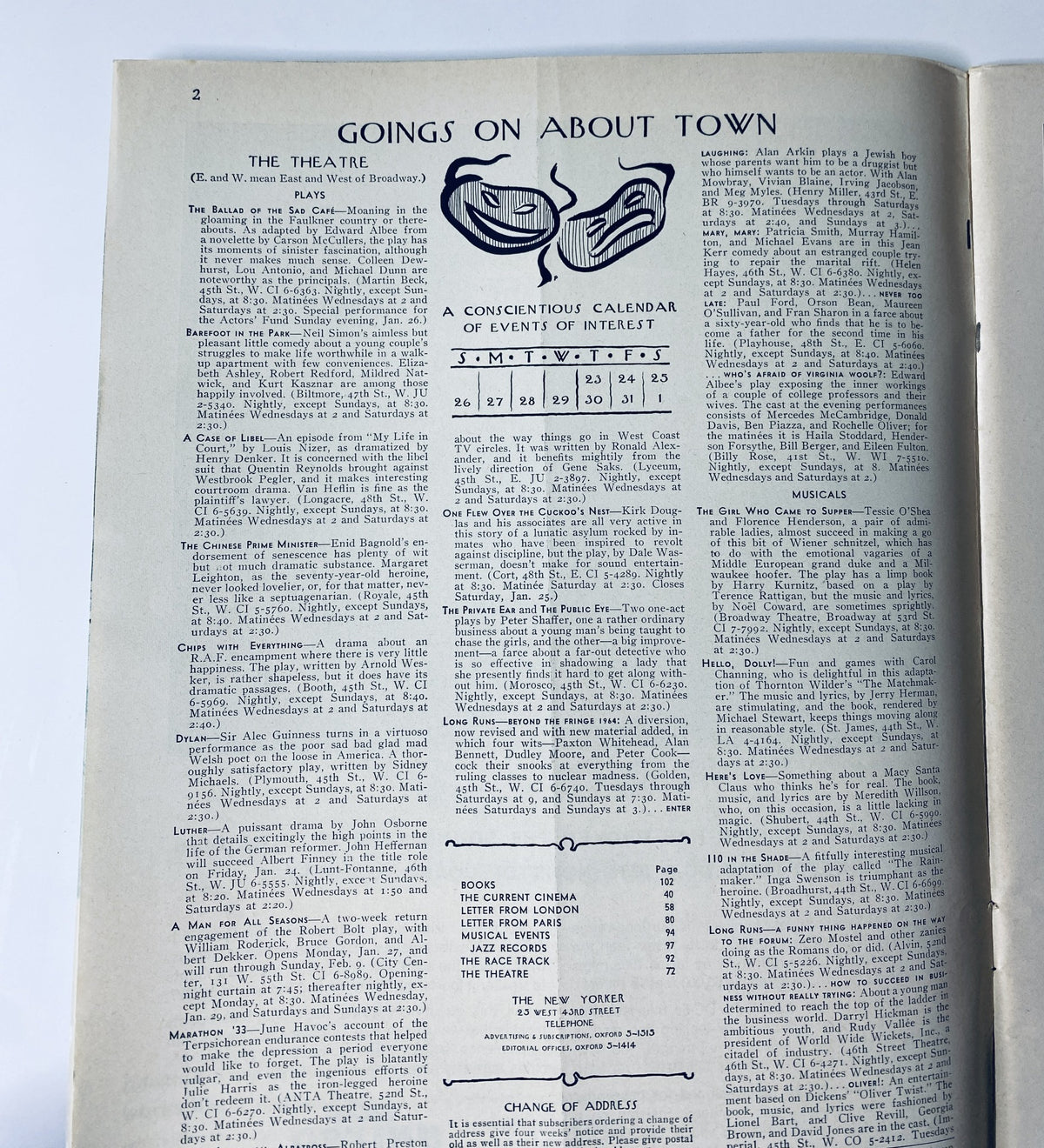 Page two of The New Yorker Magazine January 25, 1964 showcasing the 'Goings On About Town' section, detailing theatre events and a calendar of interests.