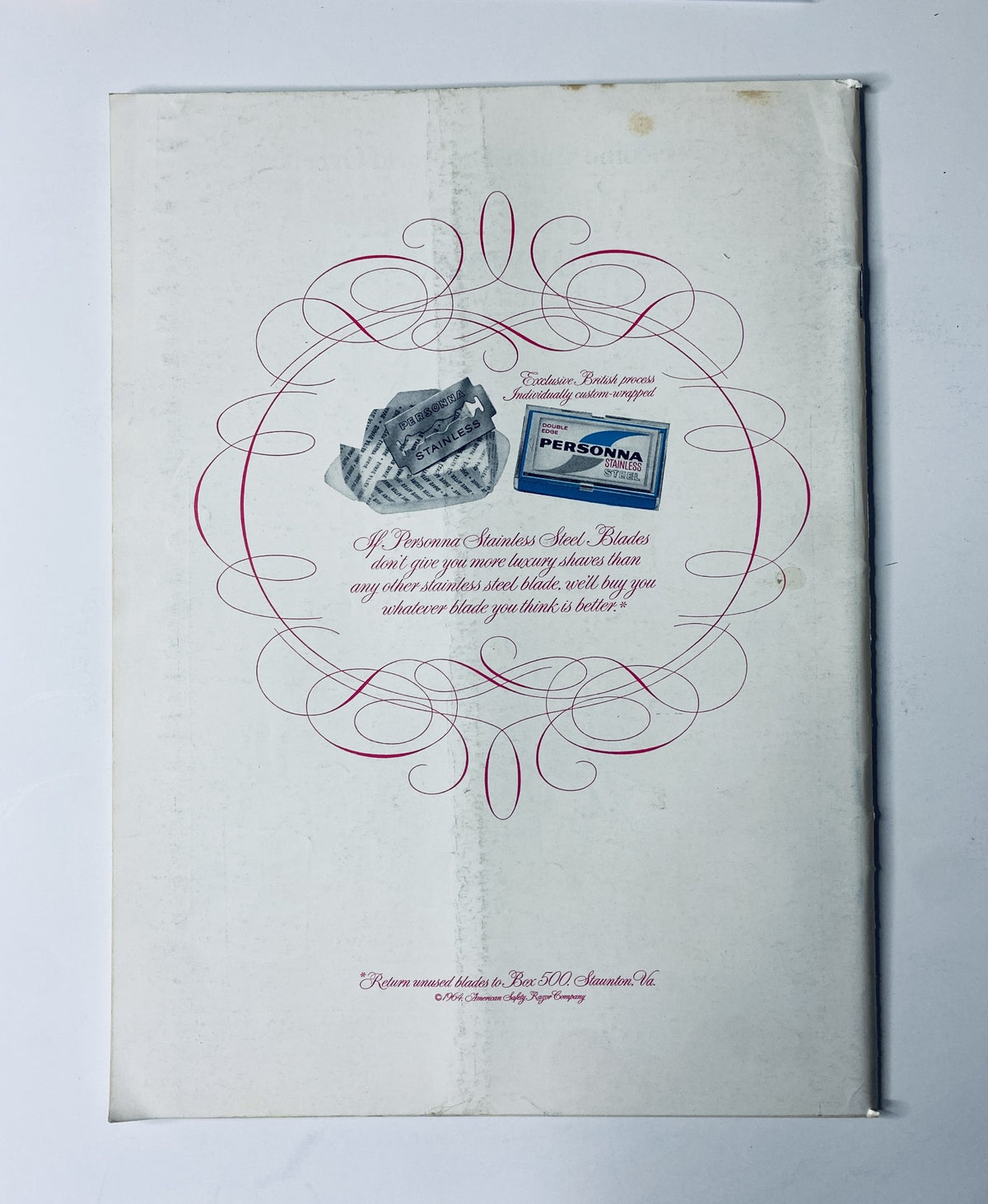 Back cover of The New Yorker Magazine January 25, 1964 featuring an advertisement for Persona razor blades, showcasing elegant design and branding pertinent to the winter city theme of the magazine.