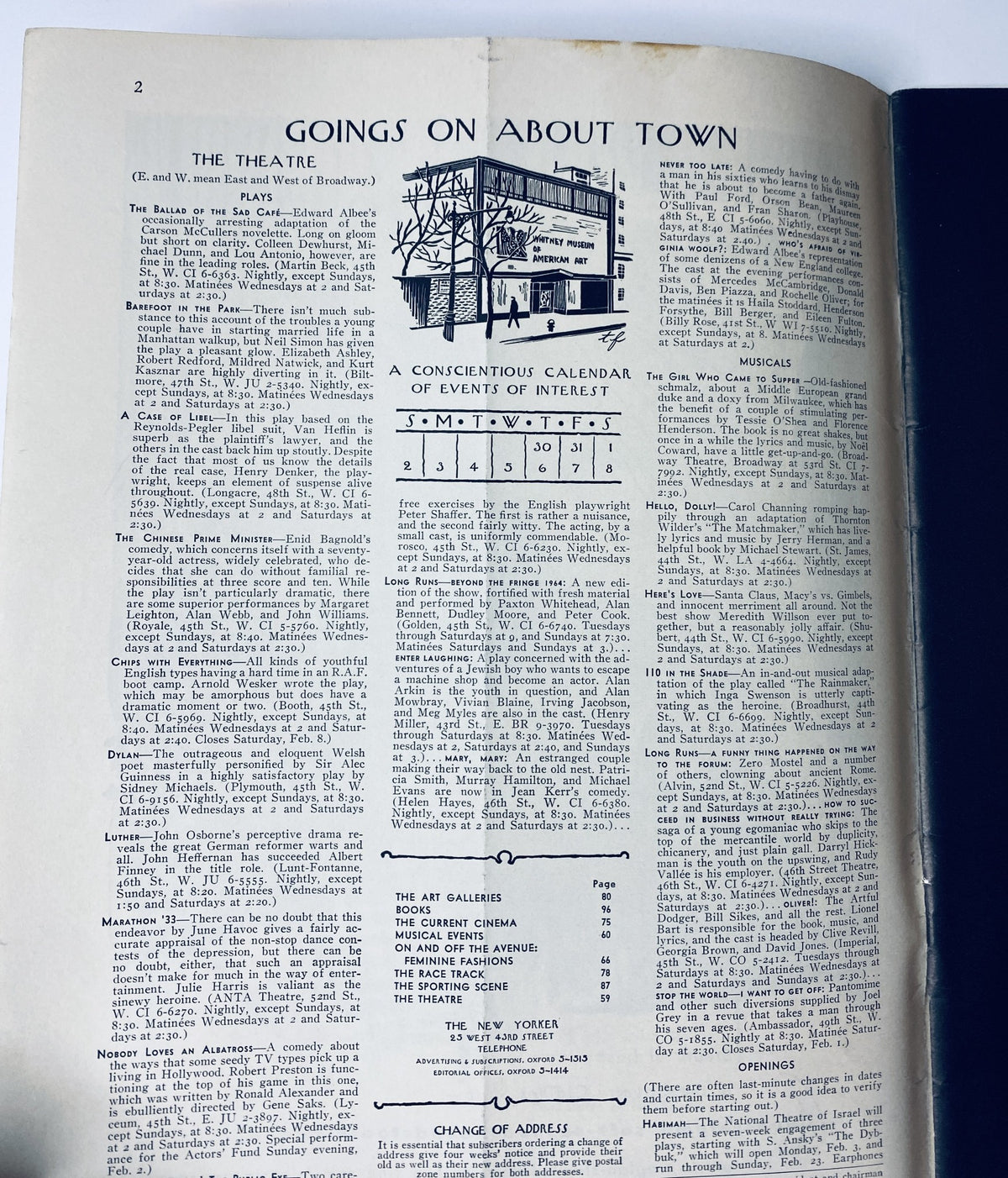 Interior page of The New Yorker Magazine February 1, 1964, titled 'Goings On About Town', outlining cultural events and activities.