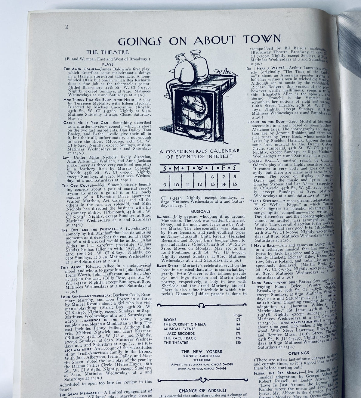 The New Yorker Magazine May 8, 1965 interior page showcasing the 'Goings On About Town' section with listings for events, including theatre and musical performances.