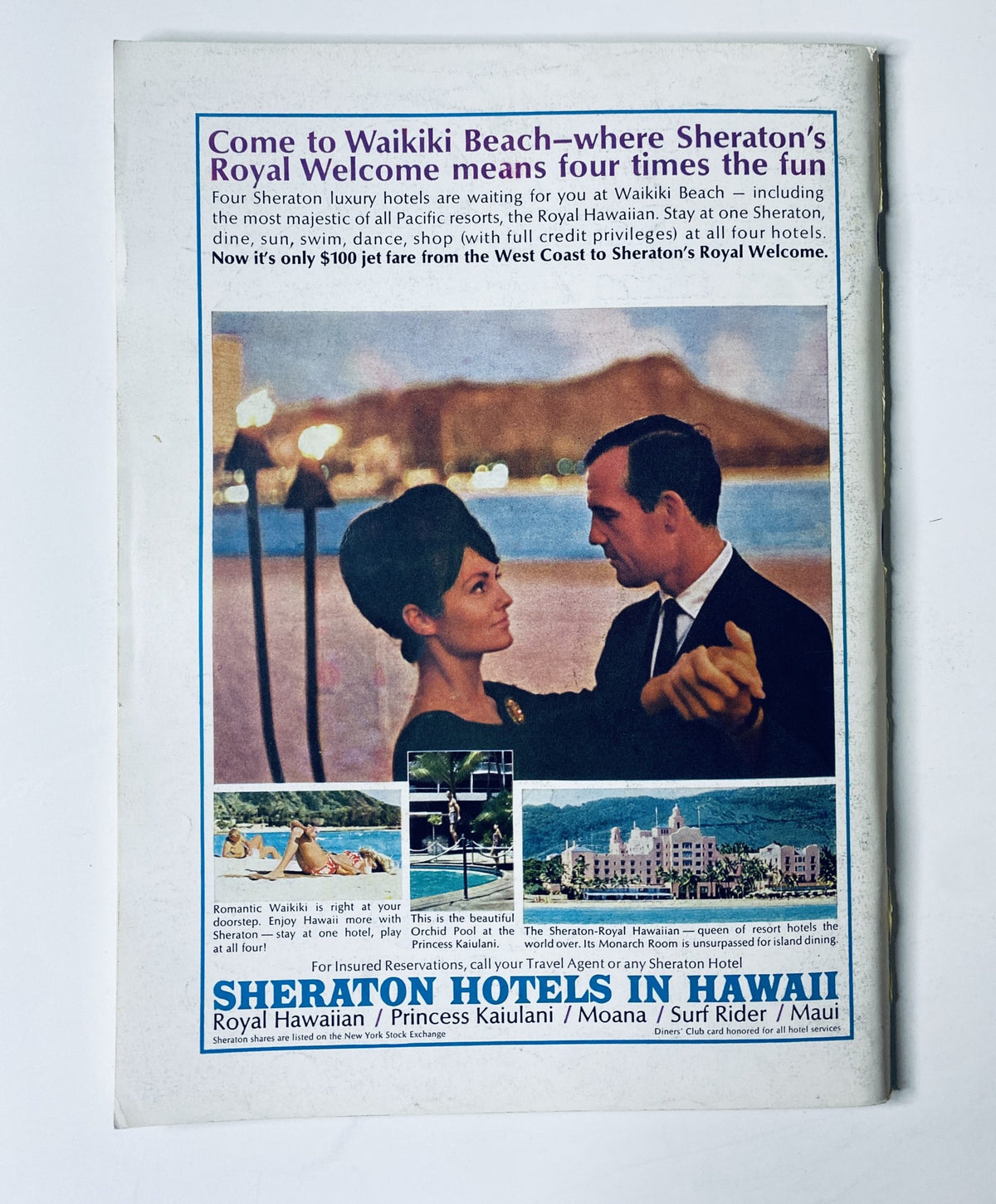 Promotional advertisement for Sheraton Hotels in Hawaii featuring a couple at Waikiki Beach. The image highlights the luxurious experience offered, ideal for a weekend getaway, with an inviting message about the Royal Welcome four times the fun. This is associated with The New Yorker Magazine May 8, 1965 Rooster Farm Cover by William Steig.