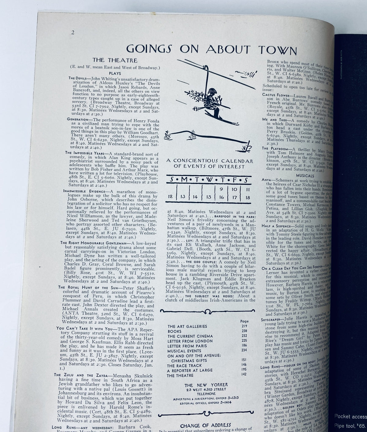 Interior page of The New Yorker Magazine dated December 11, 1965 highlighting events under 'Goings on About Town' including theatre listings. Title: The New Yorker Magazine December 11, 1965 Christmas Gifts Cover C. Martin VG.