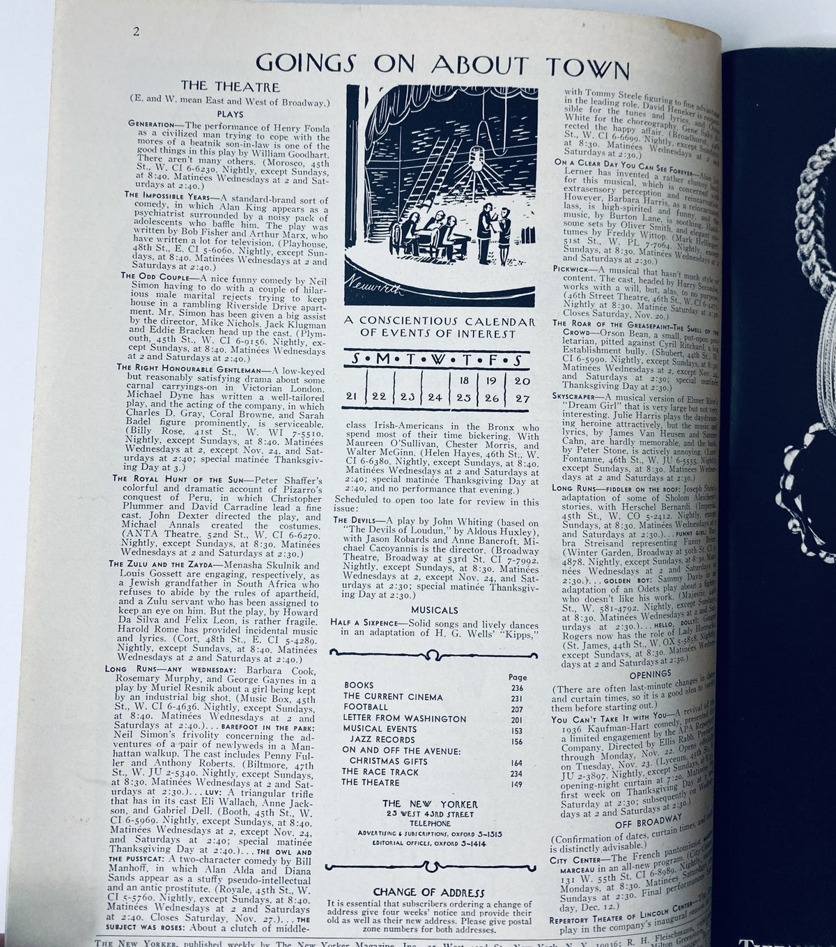 Page from The New Yorker Magazine, November 20, 1965, showing 'Goings On About Town' section with details about theatrical events.