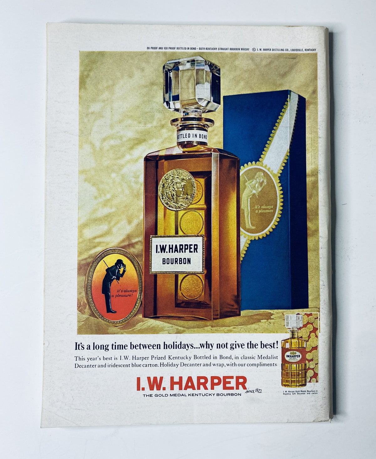 Advertisement for I.W. Harper Bourbon featured in The New Yorker Magazine, November 20, 1965, highlighting a decanter and holiday gift suggestion.