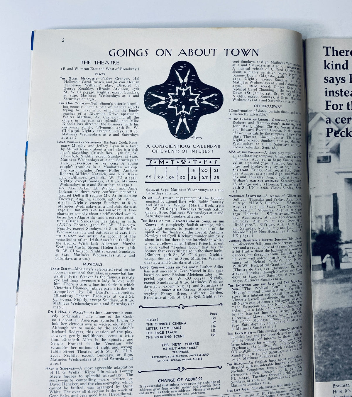 Inside page of The New Yorker Magazine August 21, 1965, showcasing the 'Goings On About Town' section with a calendar of events and artistic ornamental designs.