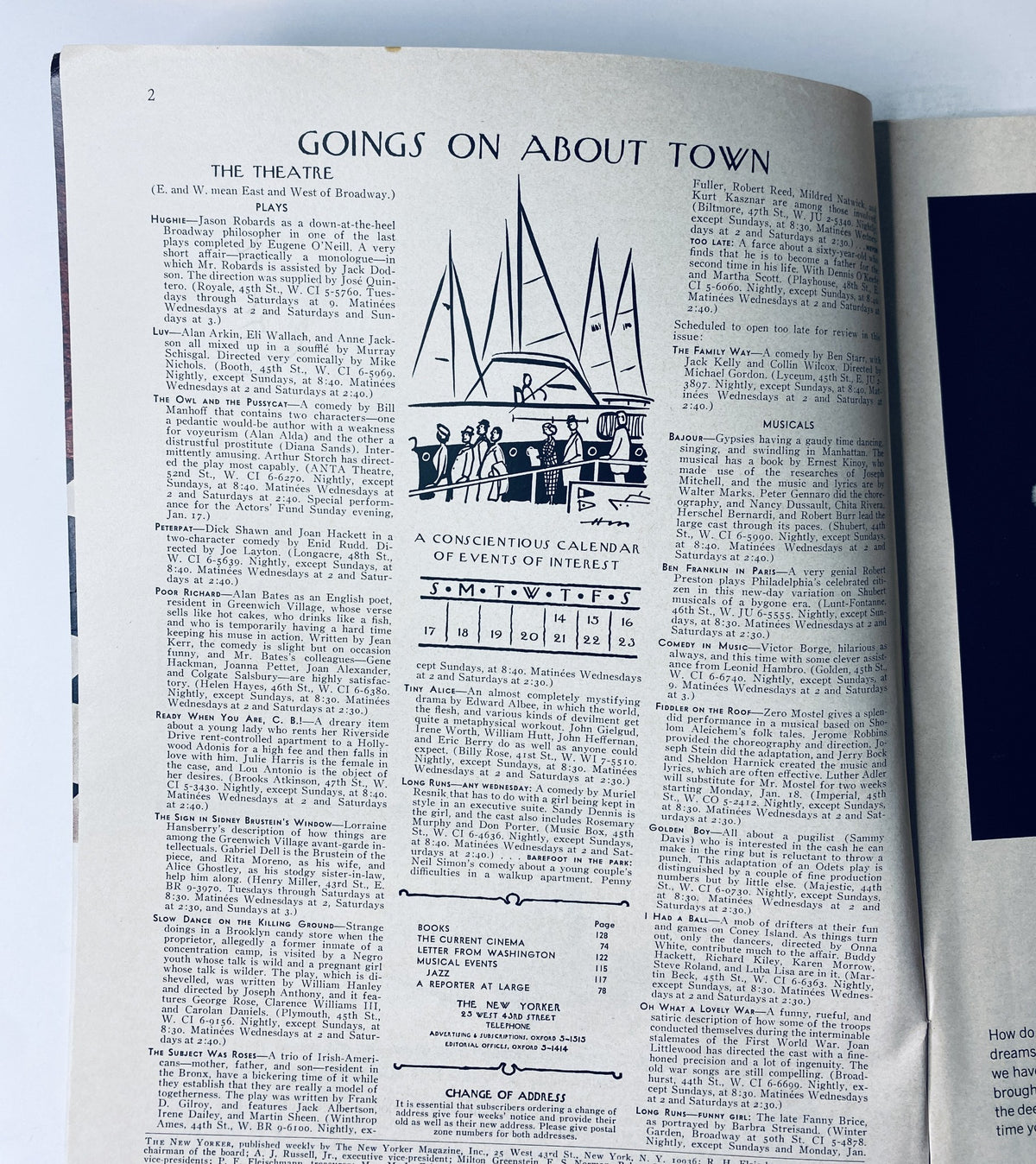 Interior page from The New Yorker Magazine January 16, 1965, presenting a calendar of events and cultural happenings with a distinctive layout relevant to the theatre section.