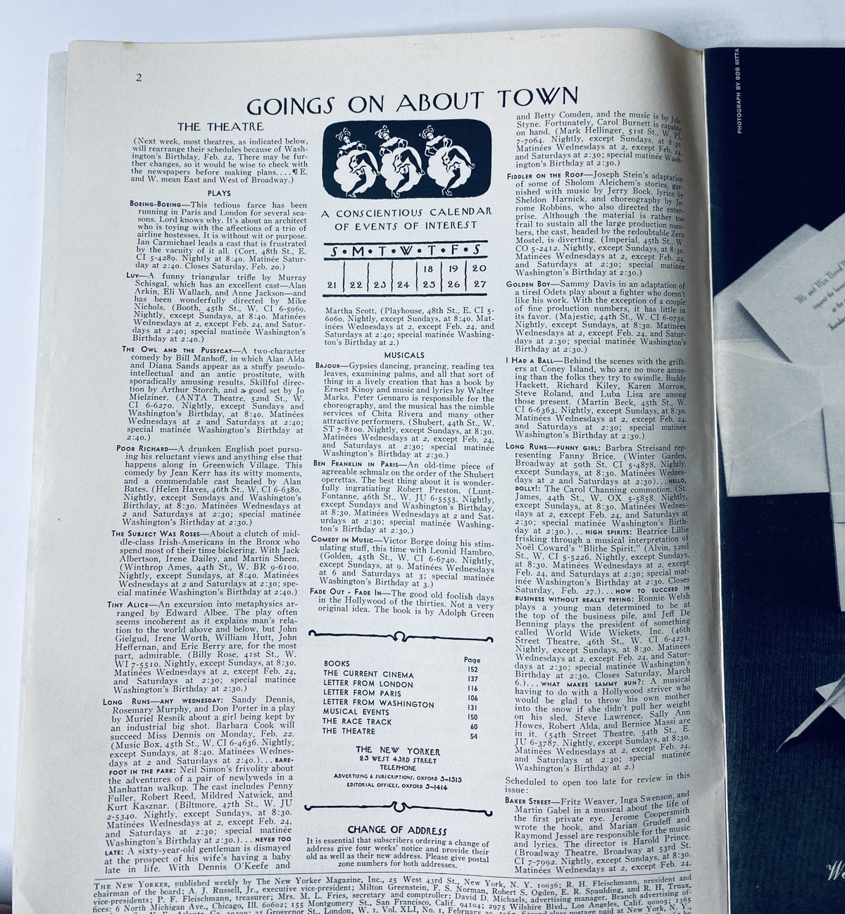Inside page from The New Yorker Magazine February 20, 1965 featuring the 'Goings On About Town' section, detailing a calendar of events and theatrical performances.