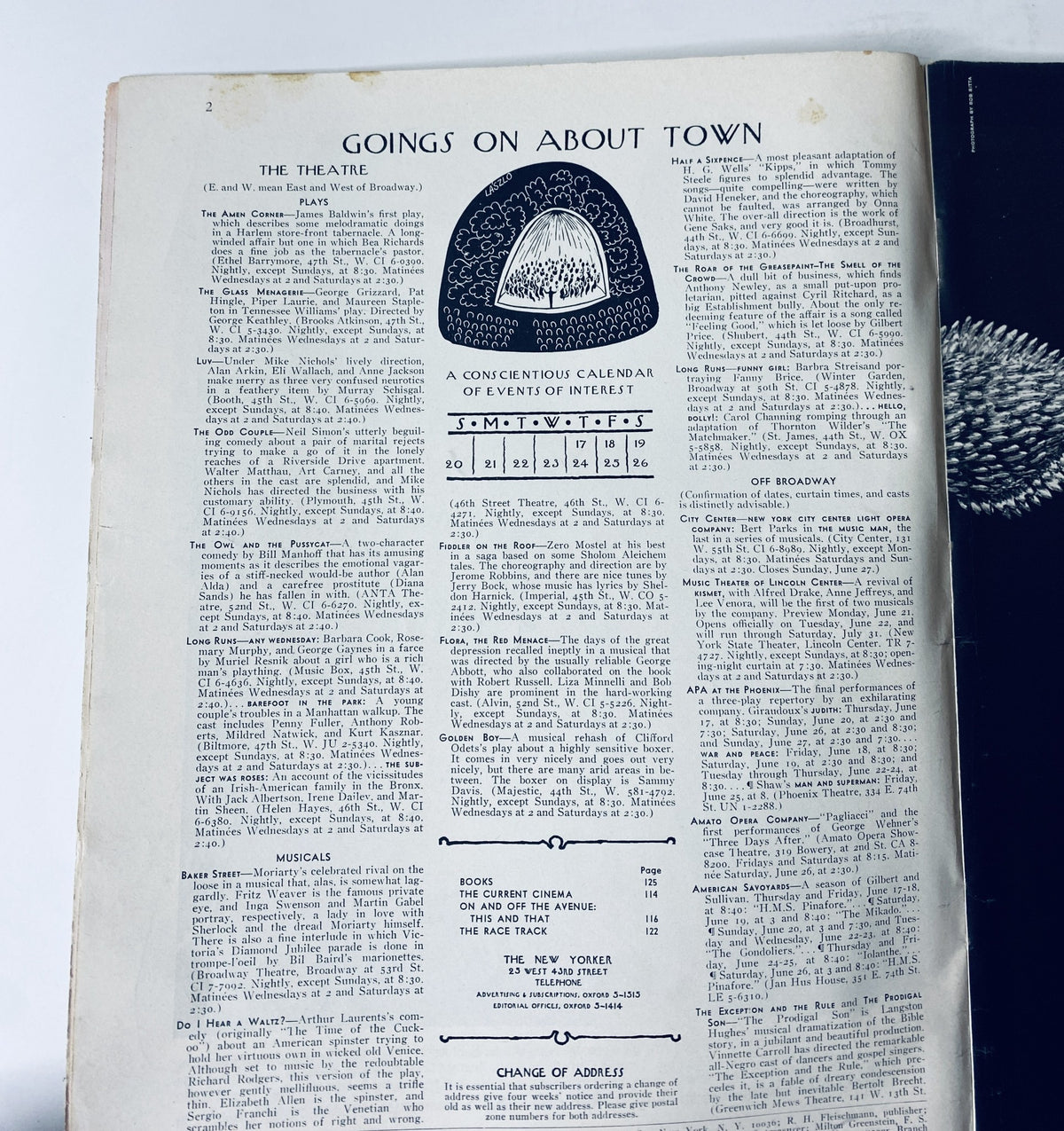 Interior page from The New Yorker Magazine June 19, 1965, displaying an article titled 'Goings On About Town,' showcasing a calendar of events and cultural listings.