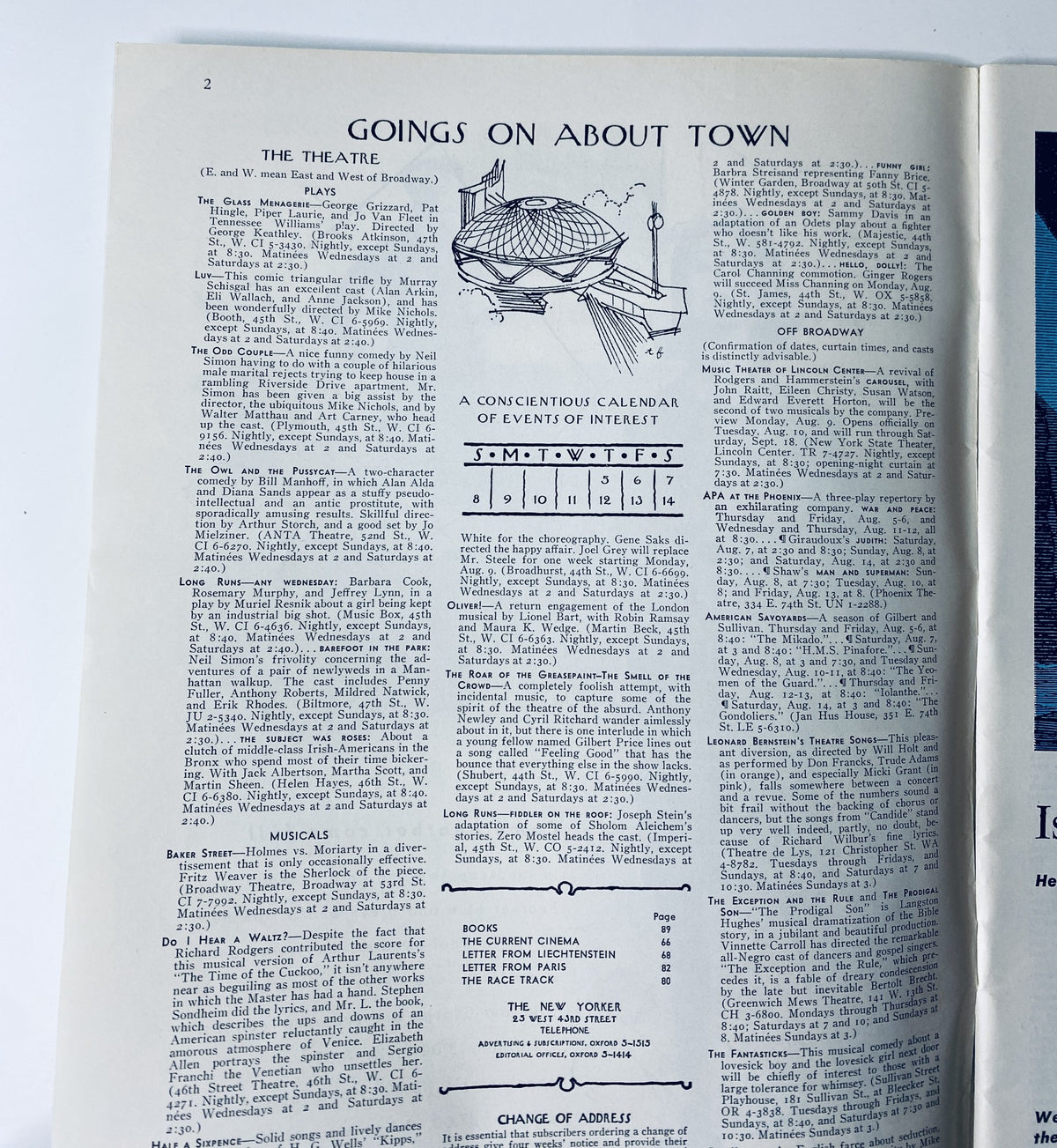 Interior page of The New Yorker Magazine August 7, 1965 showing the 'Goings On About Town' section with a calendar of events.