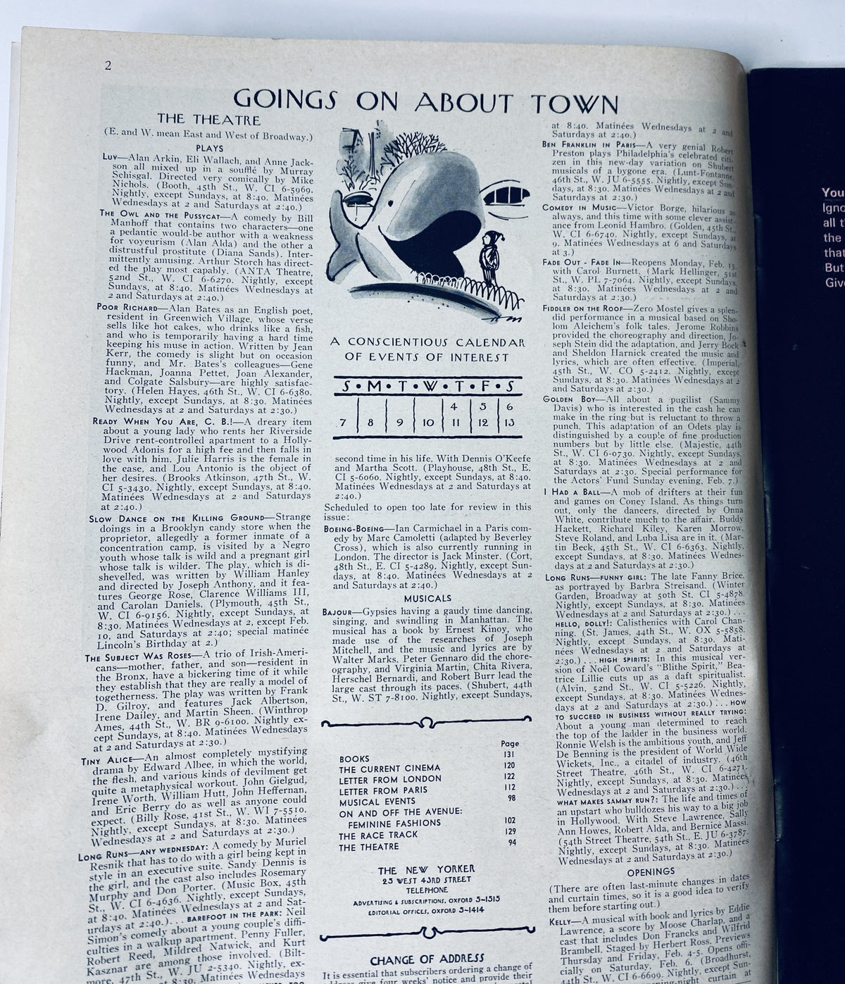Inside page of The New Yorker Magazine February 6, 1965, displaying the 'Goings On About Town' calendar, highlighting events of interest with a clean layout and notable typography.