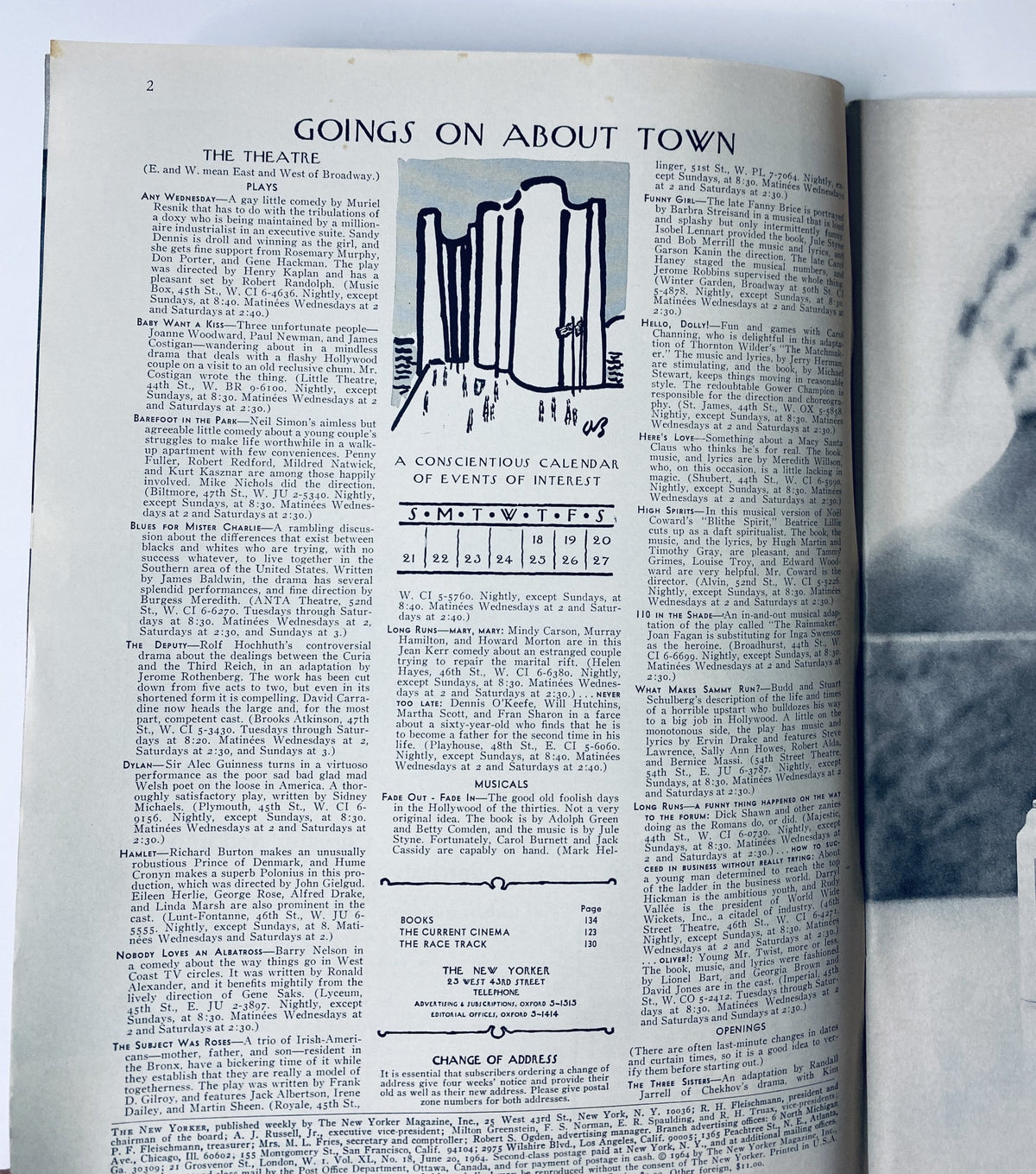 Goings On About Town feature from The New Yorker Magazine June 20, 1964, showcasing a calendar of events with a unique abstract illustration.