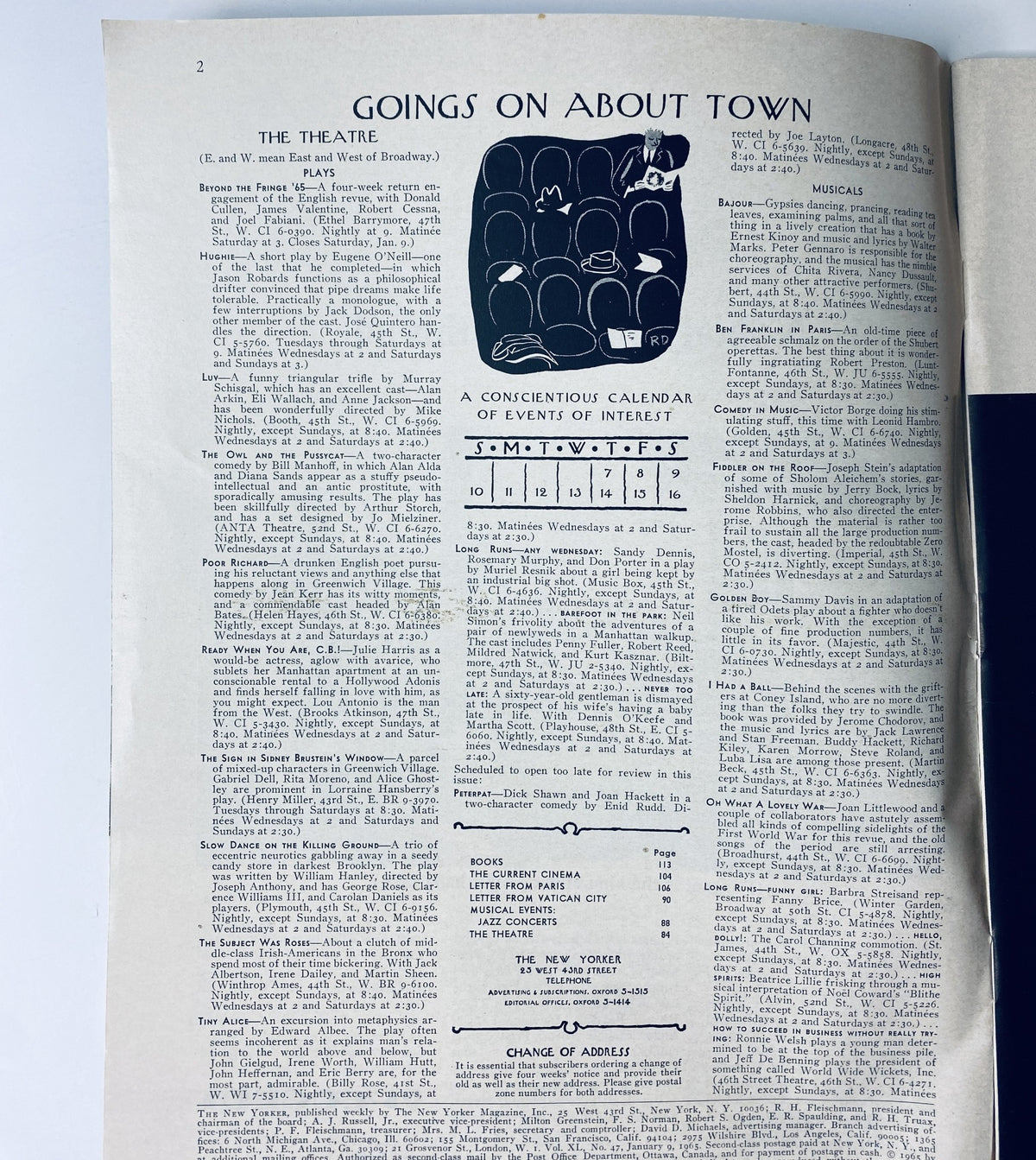 Interior page 2 of The New Yorker Magazine January 9, 1965 displaying events calendar titled 'Goings On About Town' with listings for theater and music.