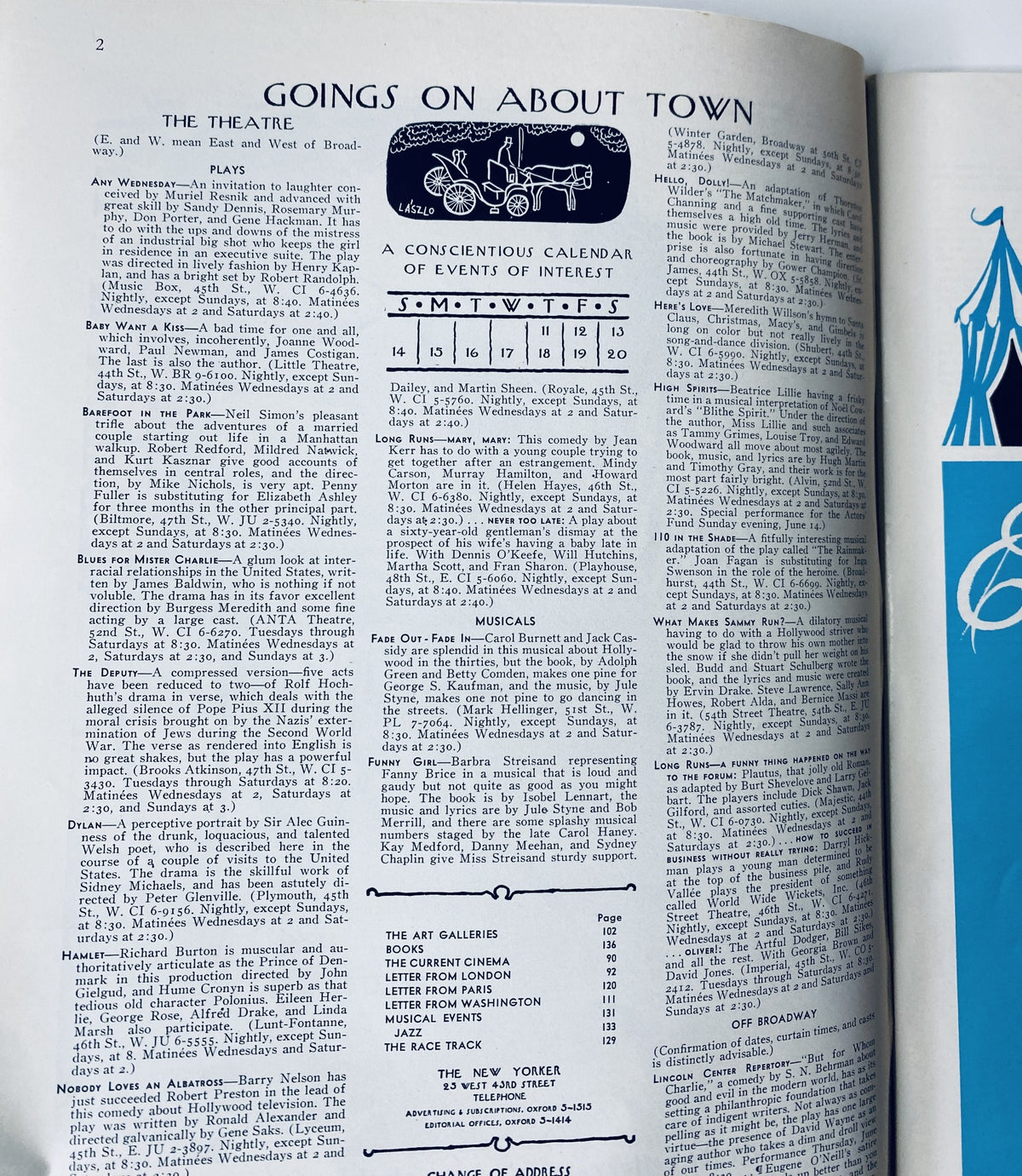 Inside page of The New Yorker Magazine June 13, 1964, titled 'Goings On About Town,' listing a calendar of events, plays, and musicals.