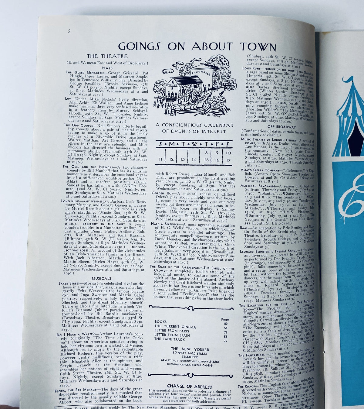 Inside page of The New Yorker Magazine from July 10, 1965, displaying an event calendar titled 'Goings On About Town,' highlighting various plays and cultural events of interest. The page is part of the magazine's detailed content layout.