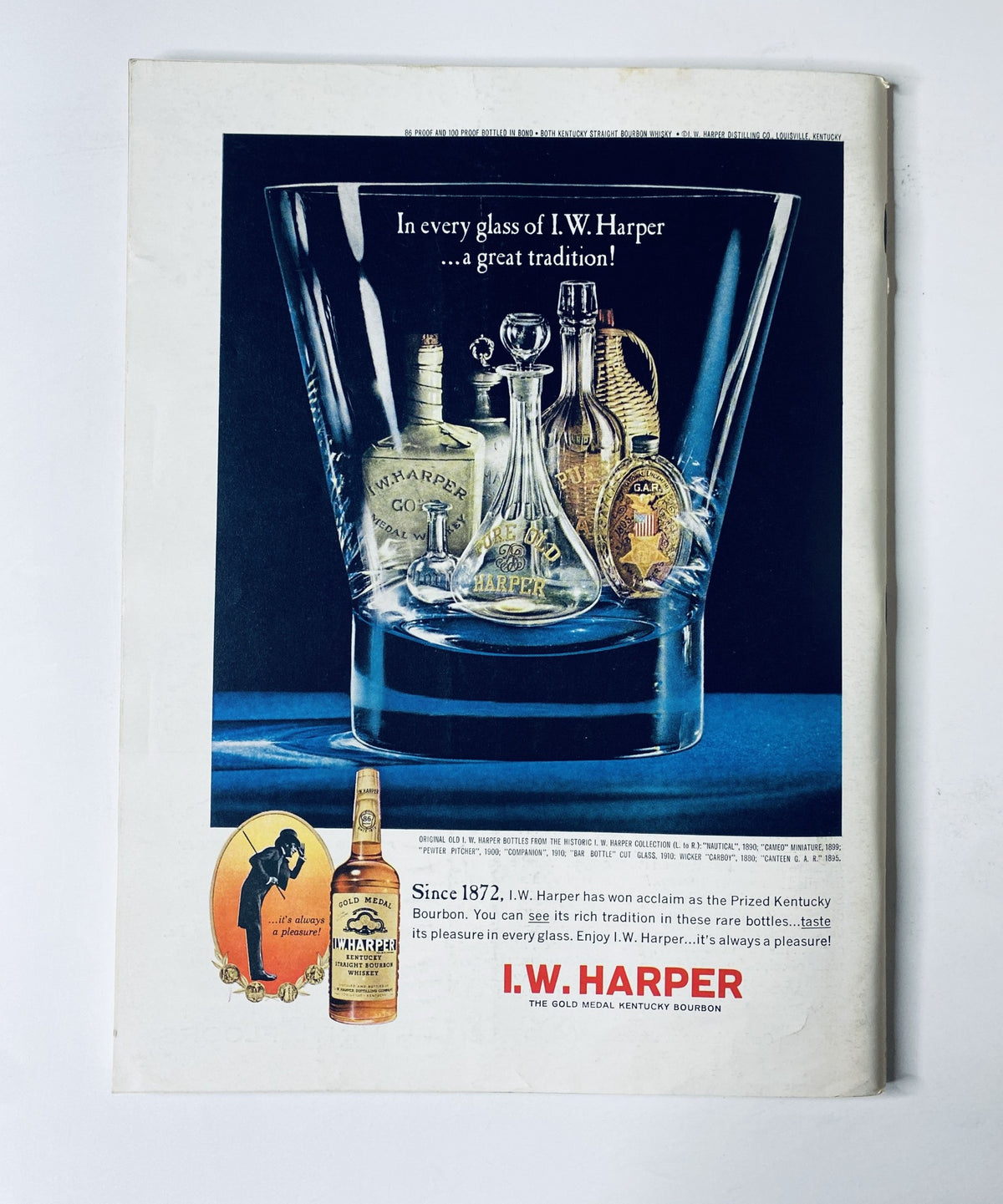 Advertisement in The New Yorker Magazine May 2, 1964 for I.W. Harper Bourbon, featuring an elegant glass and liquor bottles highlighting traditional enjoyment of bourbon.