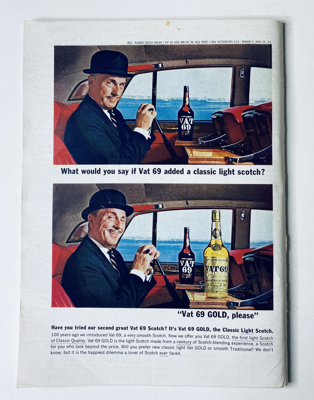 Advertisement page from The New Yorker Magazine March 6, 1965 for Vat 69 Scotch featuring a man in a bowler hat discussing the classic light scotch.