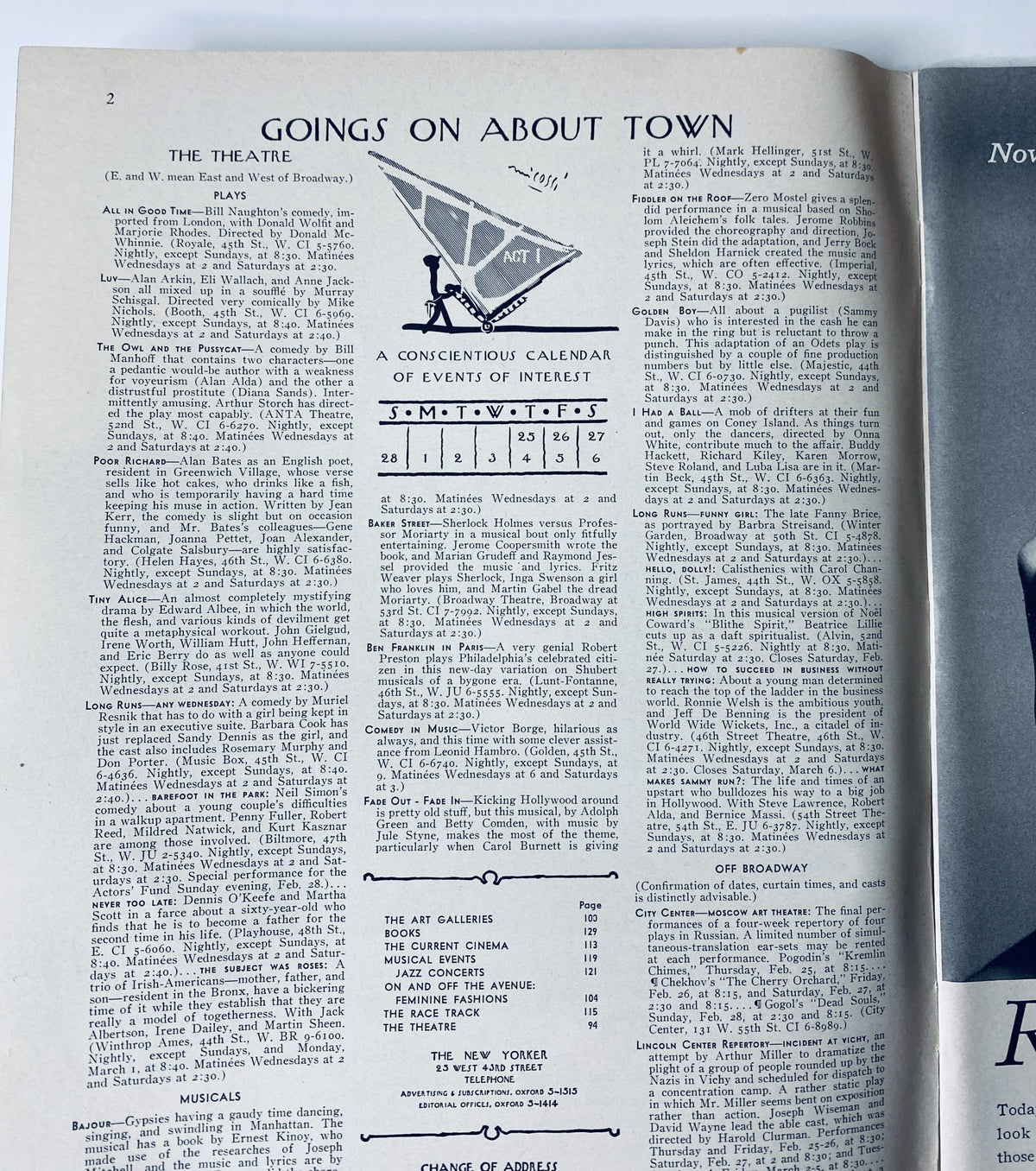 Interior page of The New Yorker Magazine from February 27, 1965, displaying the 'Goings On About Town' section, detailing events of interest in New York City.