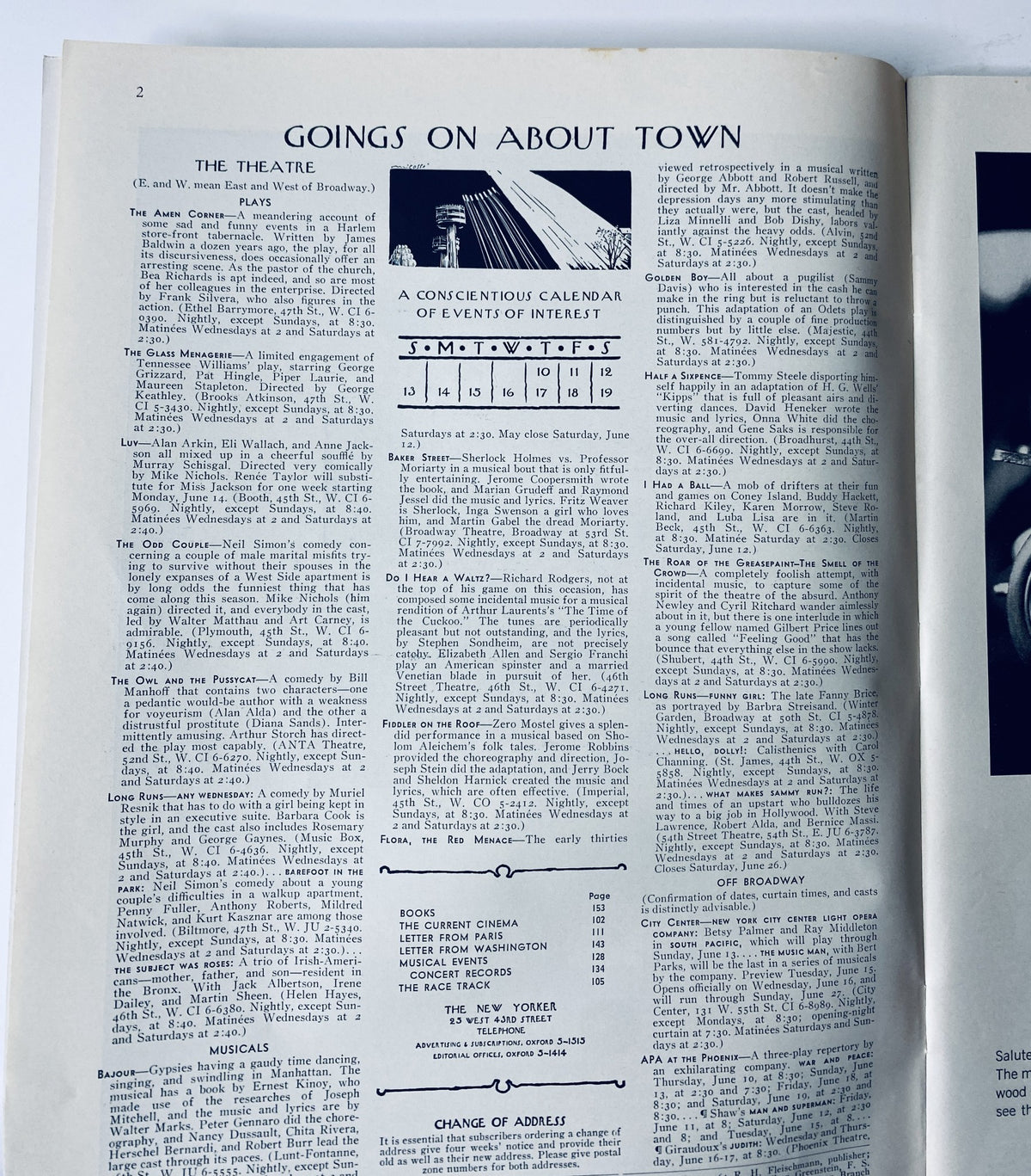 Inside page from The New Yorker Magazine June 12, 1965 featuring the section 'Goings On About Town', showcasing events of interest in New York City.