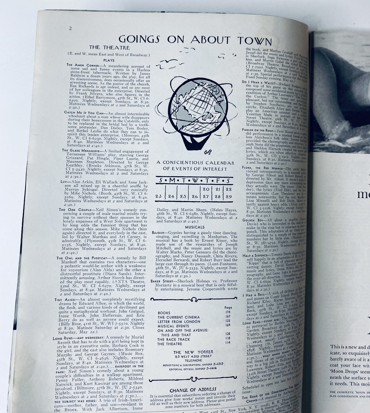 Interior page of The New Yorker Magazine May 22, 1965, displaying the 'Goings On About Town' section, including a calendar of events.