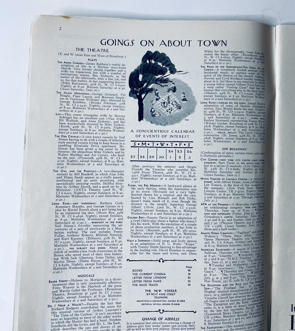 Goings on About Town page from The New Yorker Magazine June 26, 1965 featuring a calendar of events, showcasing theater performances and cultural listings, original vintage magazine illustration by Abe Birnbaum.