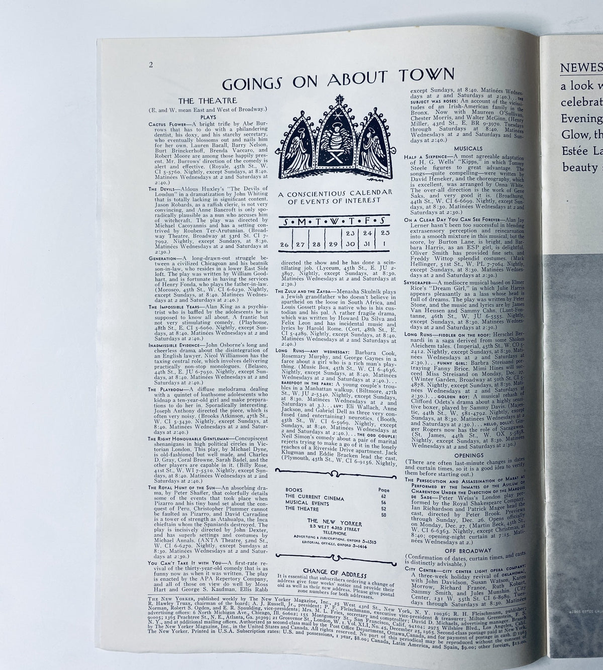 Interior page of The New Yorker Magazine December 25, 1965 with the section titled 'Goings On About Town', detailing theatrical events.
