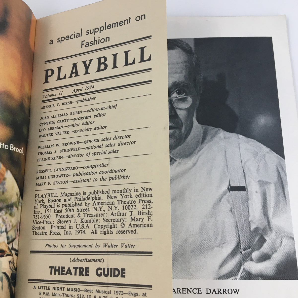 Inside page of the 1974 Playbill for 'Clarence Darrow', highlighting the publication details and featuring black and white images of the cast, including Henry Fonda.