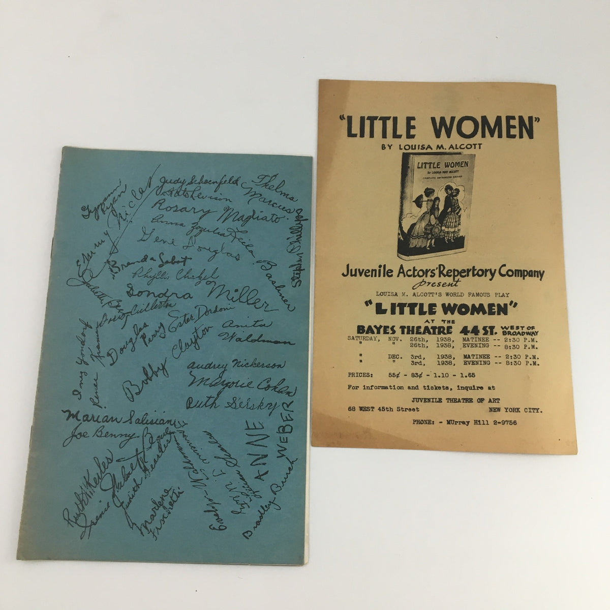 Cover of the 1938 Juvenile Actors' Repertory Company publication for 'Little Women' at Bayes Theatre, featuring signatures from the cast and a vintage design.