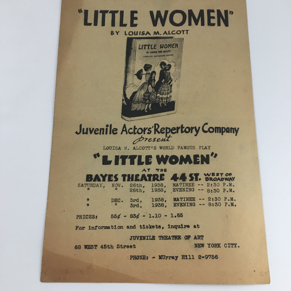 Program for 'Little Women' by Louisa M. Alcott, presented by the Juvenile Actors' Repertory Company at Bayes Theatre 44 St., detailing showtimes and ticket information from 1938.