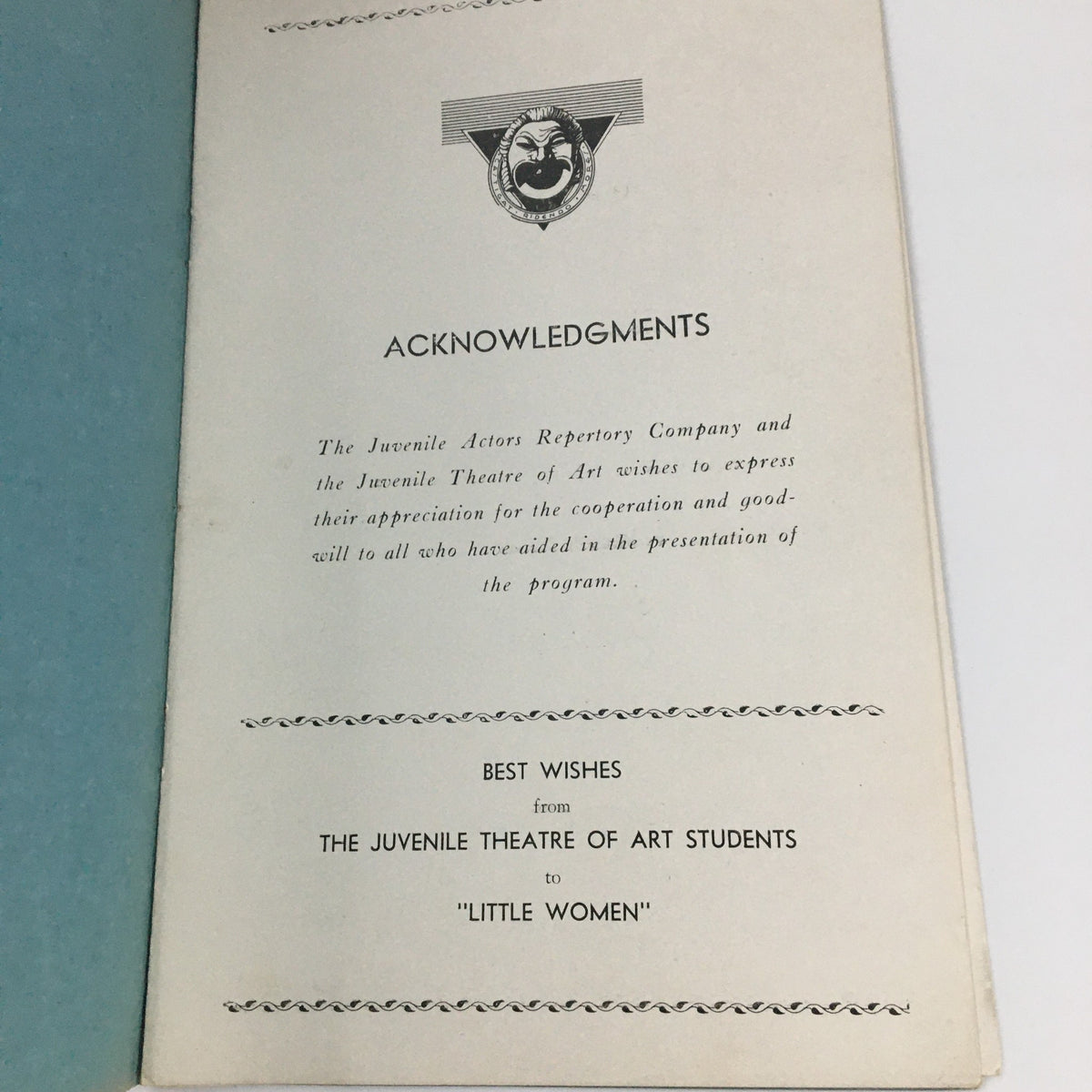 Acknowledgment page from the 1938 production of 'Little Women' by the Juvenile Actors' Repertory Company at Bayes Theatre, showcasing appreciation for cooperation in the program's presentation.