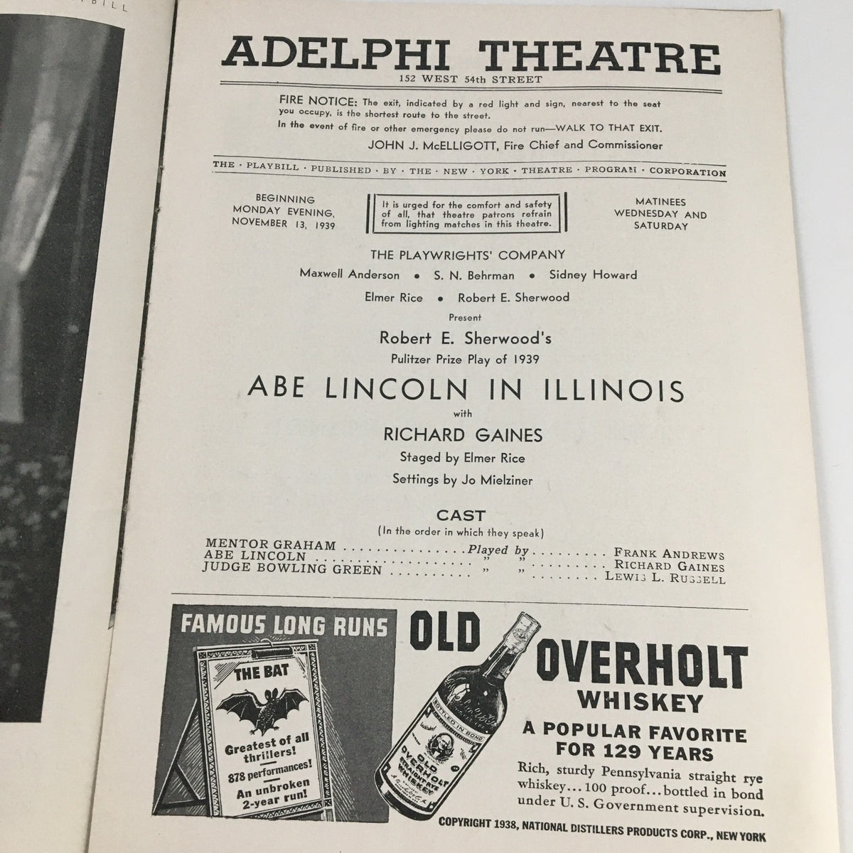 Interior page of the 1939 Playbill for the Adelphi Theatre, detailing the cast and production credits for 'Abe Lincoln in Illinois' starring Richard Gaines.