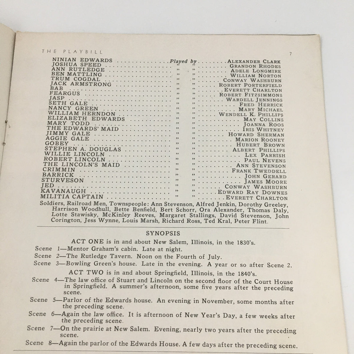 Image showcasing the interior page of the 1939 Playbill from the Adelphi Theatre for 'Abe Lincoln in Illinois,' featuring the cast list and synopsis of the play.